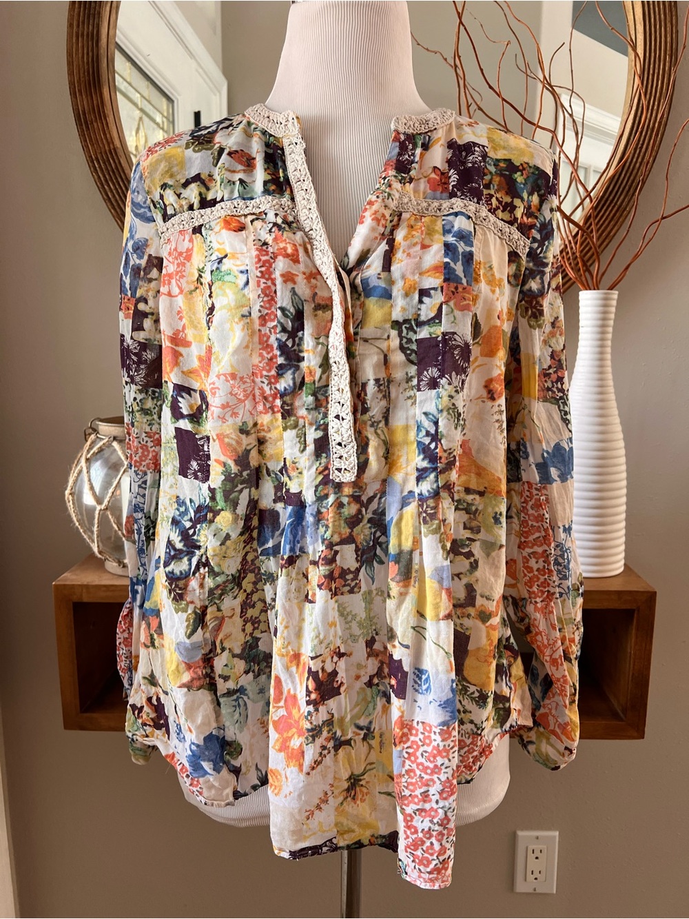 Anthropologie Maeve Abella blouse vibrant mixed floral patchwork pattern Small